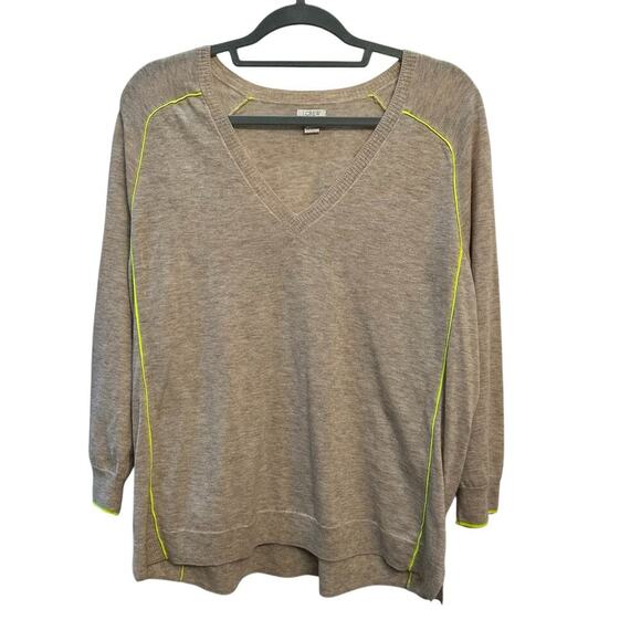 J. Crew Women's Beige V-Neck Tunic Sweater Size L Yellow Trim Long Sleeve Casual - Picture 1 of 8